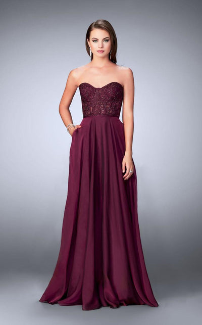 La Femme - 24318 Strapless Sweetheart Lace Bodice Prom Dress Special Occasion Dress 00 / Garnet