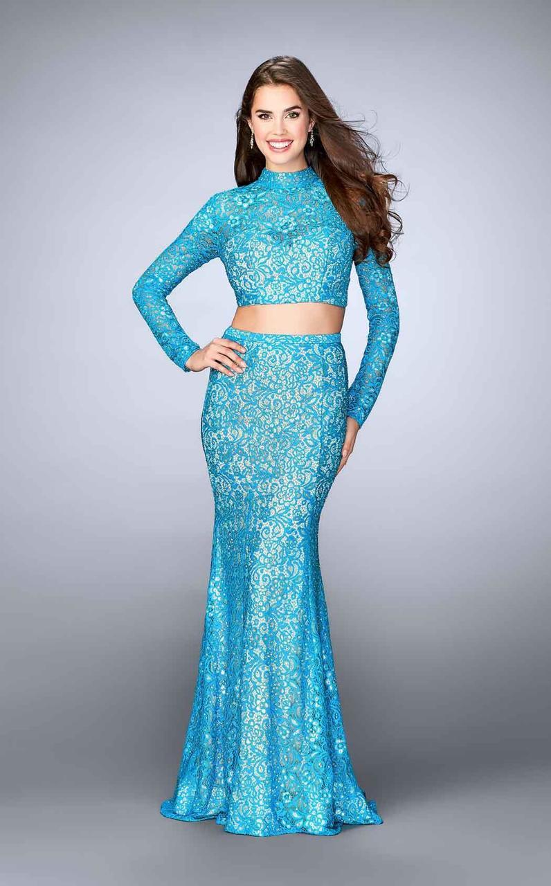 La Femme - 24342 Sheer Lace Illusion Long Sleeves Mermaid Evening Gown Special Occasion Dress 00 / Turquoise/Gold