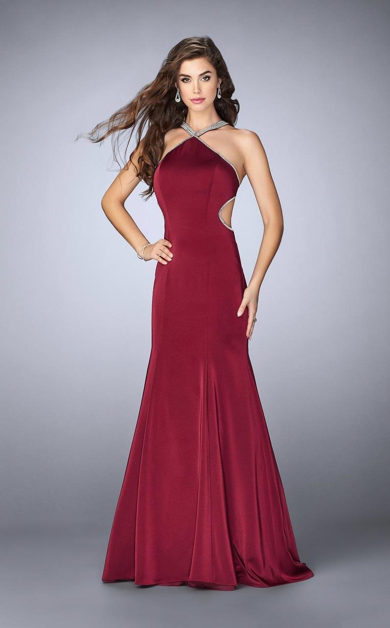 La Femme - 24352 Crystal Beaded Halter Style Prom Dress Special Occasion Dress 00 / Burgundy