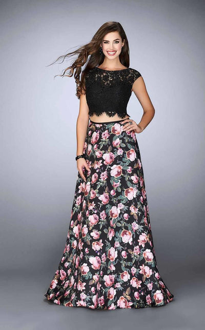 La Femme - 24428 Fringy Lace Bateau Illusion Floral Long Evening Gown Prom Dresses 00 / Black/Multi