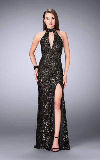La Femme - 24439 Lace Halter Long Evening Gown with Sultry Keyhole Opening Special Occasion Dress 00 / Black/Gold