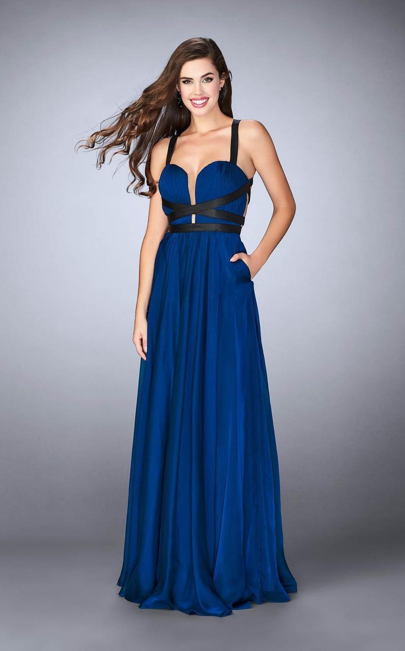 La Femme - 24536 Strappy Back Sweetheart Chiffon Long Prom Dress Special Occasion Dress 00 / Marine Blue