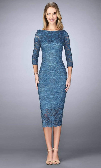 La Femme - 24875 Lace Tea Length Dress Special Occasion Dress 0 / Slate Blue