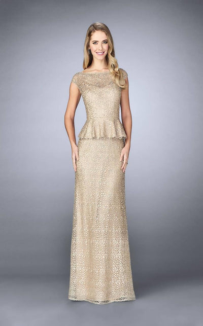 La Femme - 24896 Cap Sleeve Lace Peplum Gown Special Occasion Dress 2 / Champagne