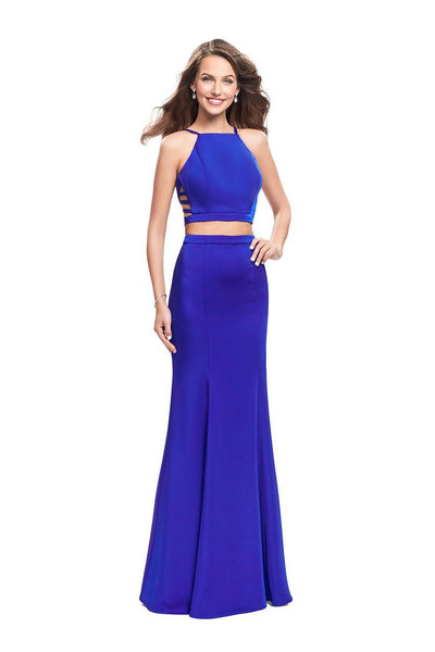 La Femme - 25220 Two-Piece High Halter Strappy Jersey Gown Special Occasion Dress 00 / Sapphire Blue