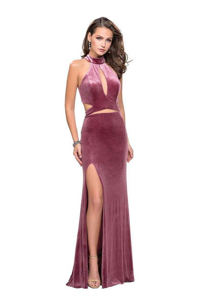 La Femme - 25294 Halter Velvet Sheath Dress with Cutouts Special Occasion Dress 00 / Mauve