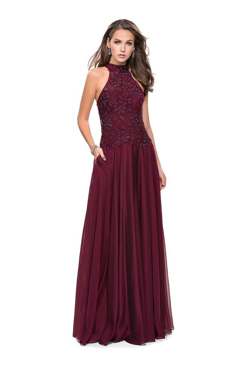 La Femme - 25355 Bejeweled Illusion Halter Lace Chiffon Gown Special Occasion Dress 00 / Garnet
