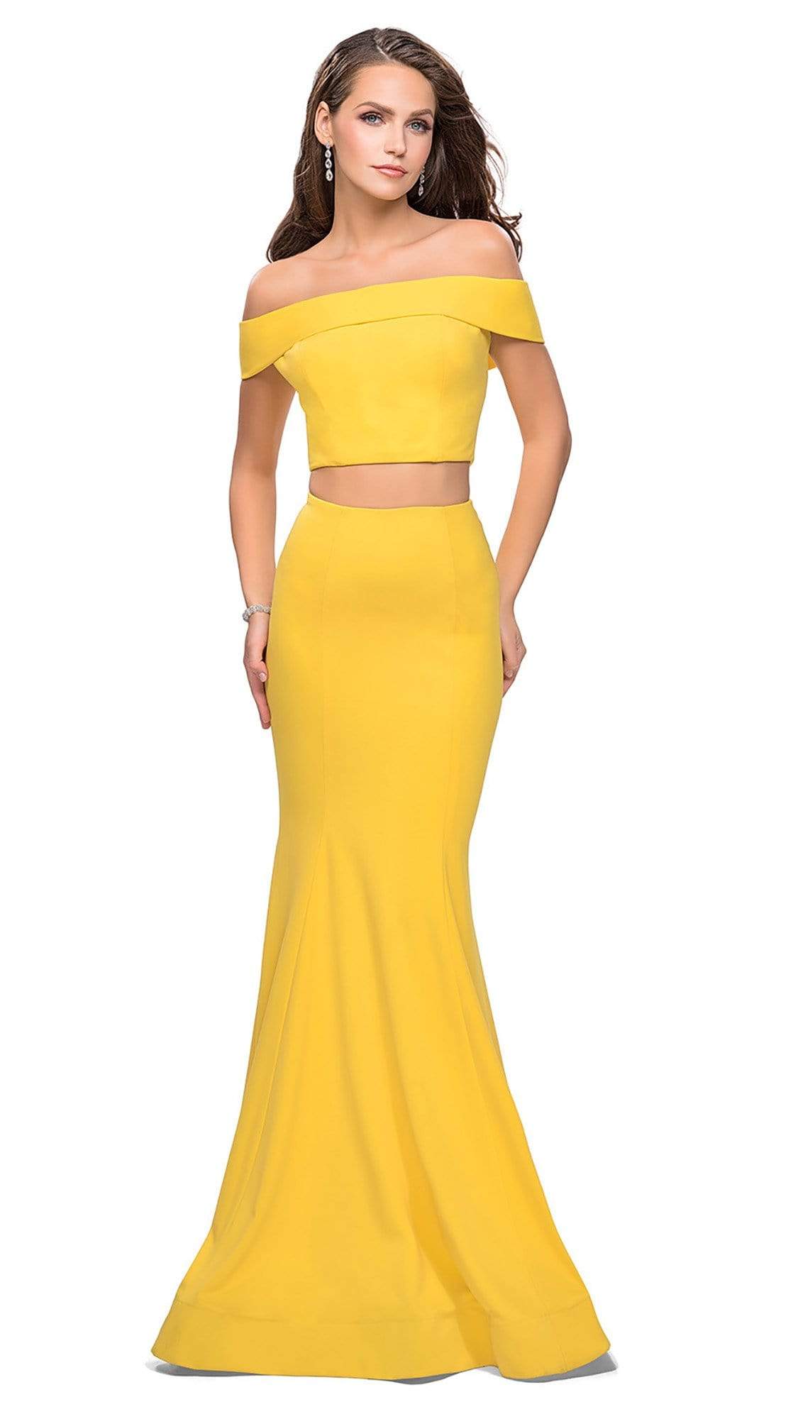 La Femme - 25578 Two-Piece Fold-Over Off Shoulder Jersey Gown Evening Dresses 00 / Yellow