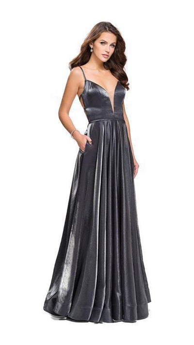 La Femme - 25670 Sleeveless Plunging Sweetheart Satin Gown Special Occasion Dress 00 / Gunmetal