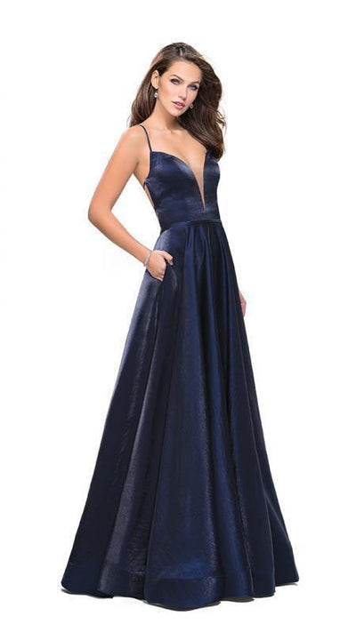 La Femme - 25670 Sleeveless Plunging Sweetheart Satin Gown Special Occasion Dress 00 / Navy