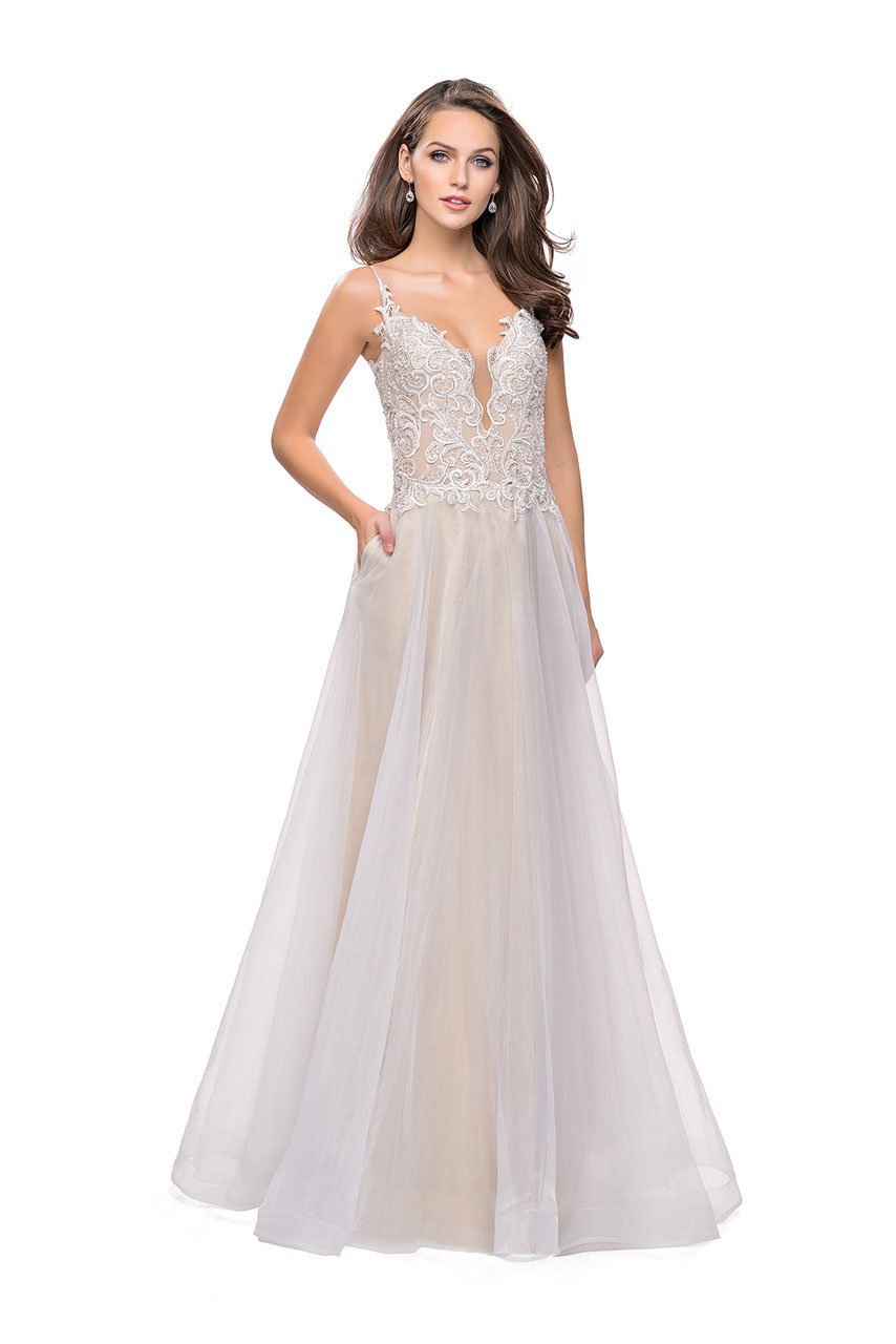La Femme - 25701 Beaded Lace Deep V-neck Organza A-line Dress Special Occasion Dress 00 / Ivory