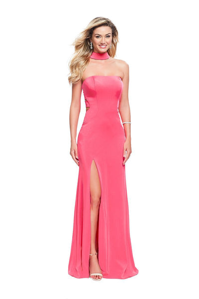 La Femme - 25735 High Neck Fitted Slit Dress Special Occasion Dress 00 / Hot Pink