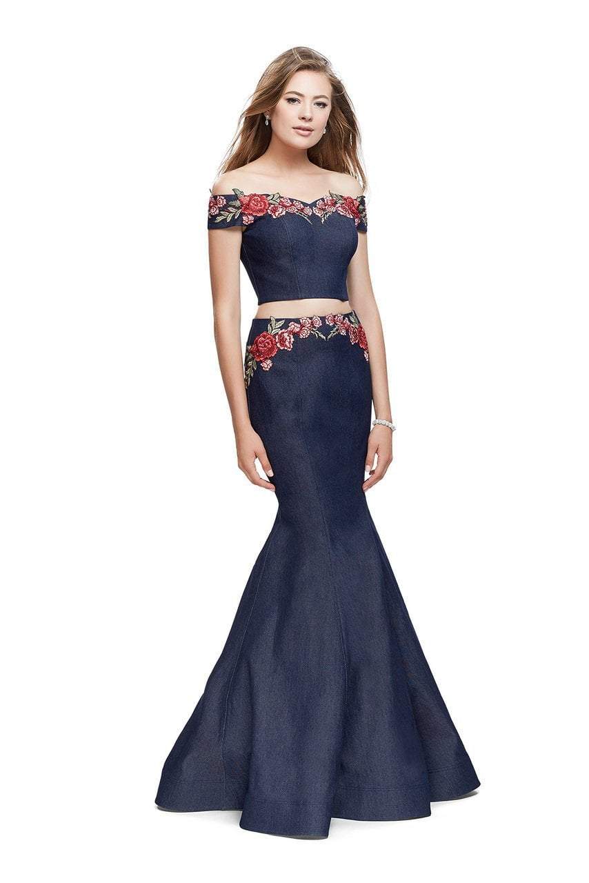 La Femme - 25924 Off The Shoulder Floral Print Denim Gown Special Occasion Dress