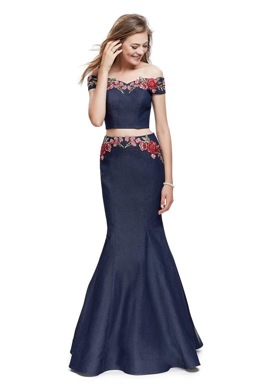 La Femme - 25924 Off The Shoulder Floral Print Denim Gown Special Occasion Dress