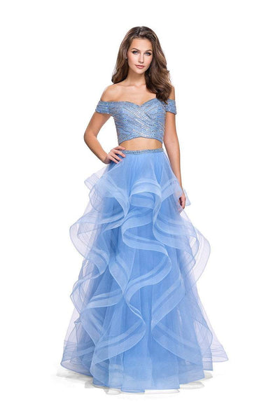 La Femme - 26169 Beaded Two Piece Tulle Ruffled A-line Dress Special Occasion Dress 00 / Cloud Blue