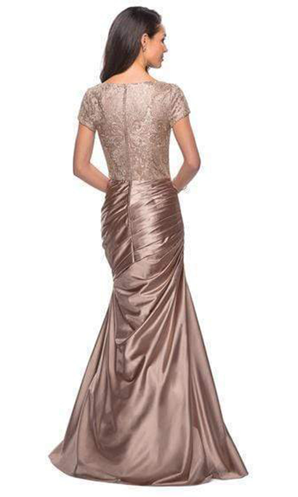 La Femme - Bateau Short Sleeves Lace Trumpet Dress 26404SC In Gold