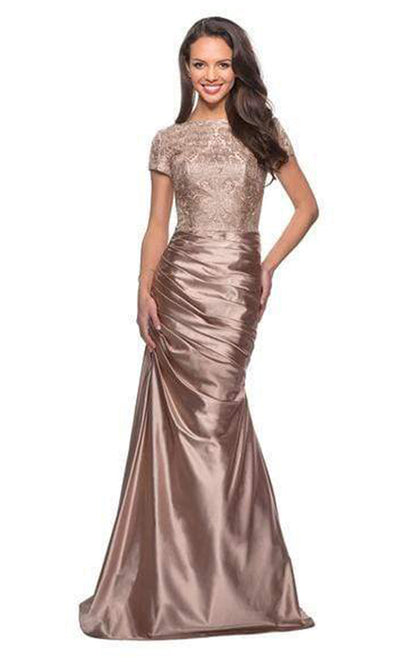 La Femme - Bateau Short Sleeves Lace Trumpet Dress 26404SC In Gold