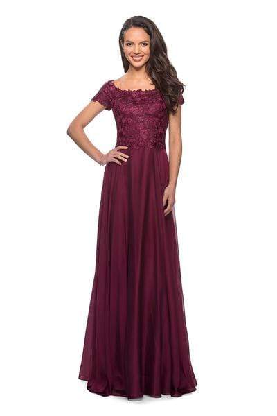 La Femme - 26550 Lace Bateau Chiffon A-line Dress Special Occasion Dress 2 / Garnet