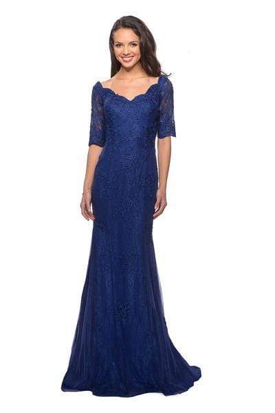 La Femme - 26943SC Bedazzled Scalloped V-neck Trumpet Dress - 1 pc Marine Blue In Size 10 Available CCSALE 10 / Marine Blue