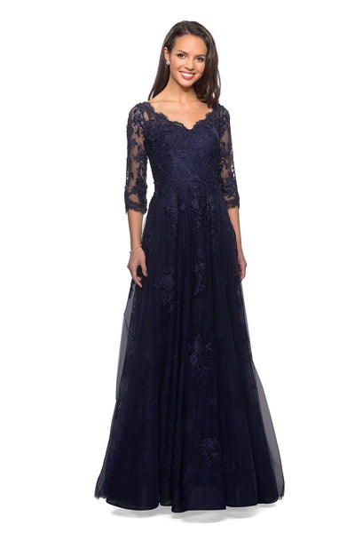 La Femme - 26959 Embroidered Scalloped V-Neck Dress Special Occasion Dresses 4 / Navy