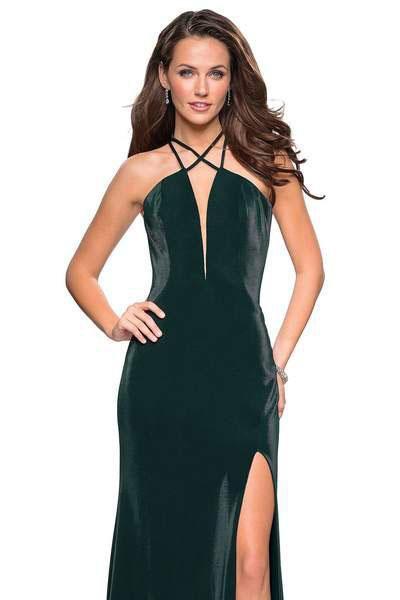 La Femme - 26963 Strappy Halter Cutouts Gown with Slit Special Occasion Dress 00 / Forest Green