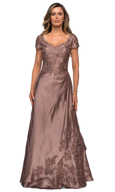 La Femme - Short Sleeve Lace Embellished Dress 27033SC In Brown