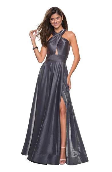 La Femme - 27151 Cut-Out Detailed Satin Long Gown Special Occasion Dresses 00 / Platinum