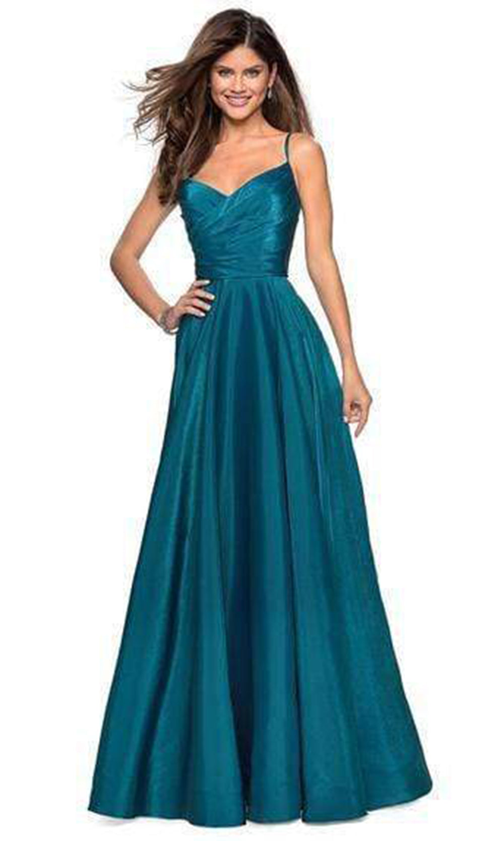 La Femme - 27226SC Pleated V-neck Satin A-line Dress - 1 pc Teal In Size 0 Available CCSALE 0 / Teal