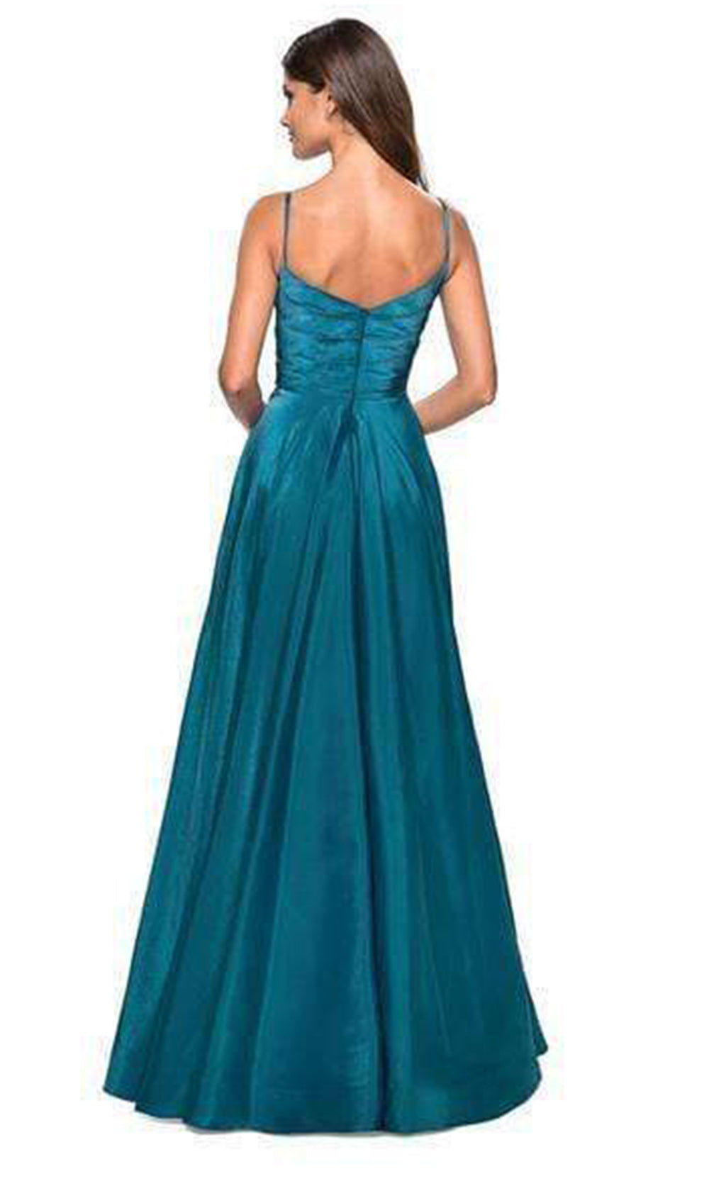 La Femme - 27226SC Pleated V-neck Satin A-line Dress - 1 pc Teal In Size 0 Available CCSALE 0 / Teal