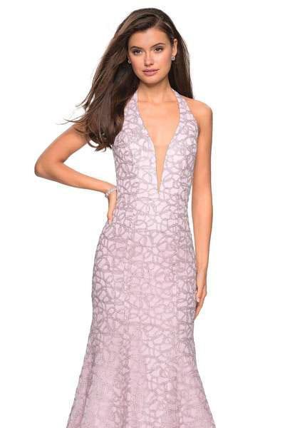 La Femme - 27228 Metallic Lace Deep Halter V-neck Mermaid Dress Special Occasion Dress