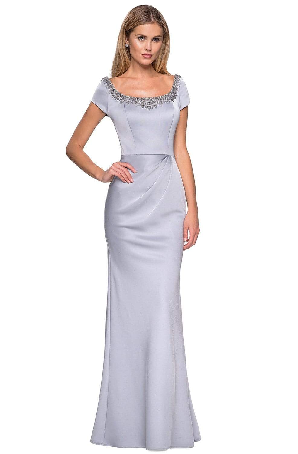La Femme - 27244 Short Sleeve Bejeweled Scoop Neck Gown Mother of the Bride Dresses 2 / Silver