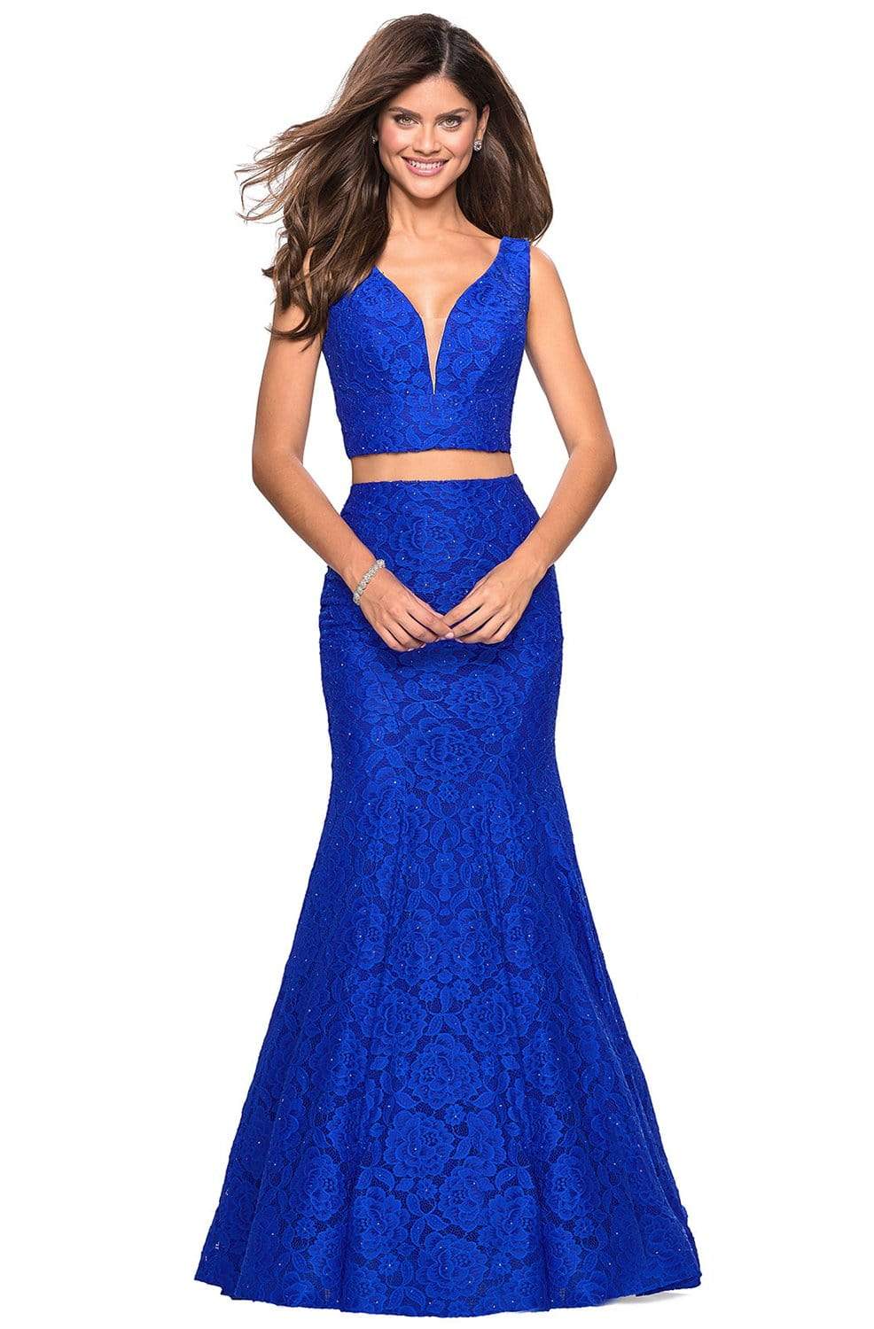 La Femme - 27262 Allover Lace Sleeveless V Neck Two-Piece Mermaid Gown Evening Dresses 00 / Electric Blue