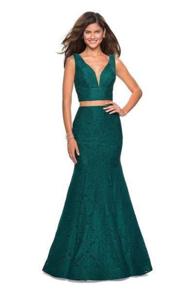 La Femme - 27262 Allover Lace Sleeveless V Neck Two-Piece Mermaid Gown Evening Dresses 00 / Forest Green