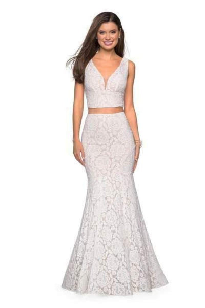 La Femme - 27262 Allover Lace Sleeveless V Neck Two-Piece Mermaid Gown Evening Dresses 00 / White