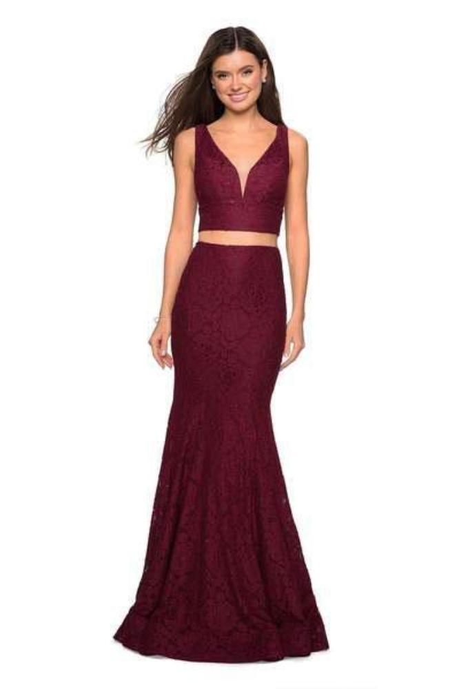 La Femme - 27262 Allover Lace Sleeveless V Neck Two-Piece Mermaid Gown Evening Dresses 00 / Wine