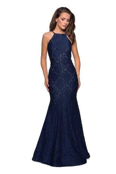 La Femme - 27289 Jewel Studded Lace Trumpet Gown Special Occasion Dress 00 / Navy