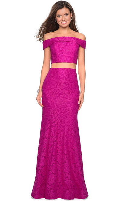 La Femme - 27443 Two-Piece Allover Lace Off Shoulder Mermaid Gown Formal Gowns 00 / Hot Fuchsia
