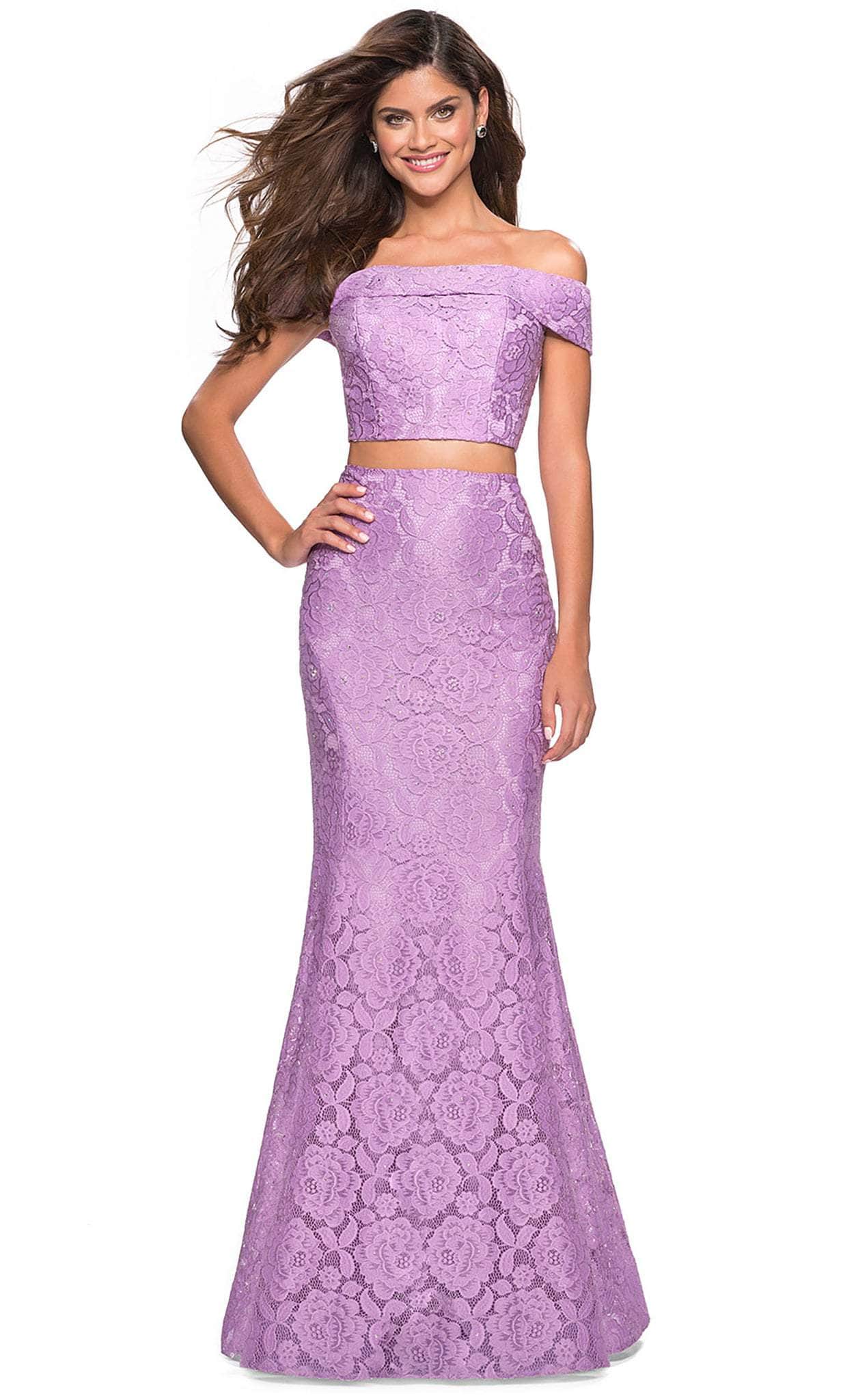 La Femme - 27443 Two-Piece Allover Lace Off Shoulder Mermaid Gown Formal Gowns 00 / Lavender