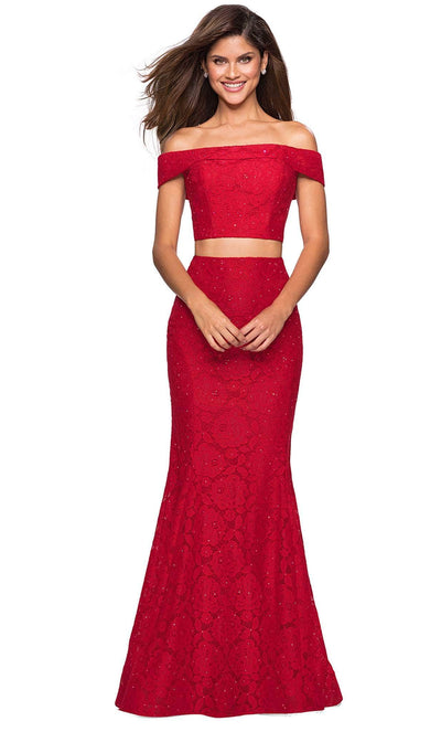 La Femme - 27443 Two-Piece Allover Lace Off Shoulder Mermaid Gown Formal Gowns 00 / Red