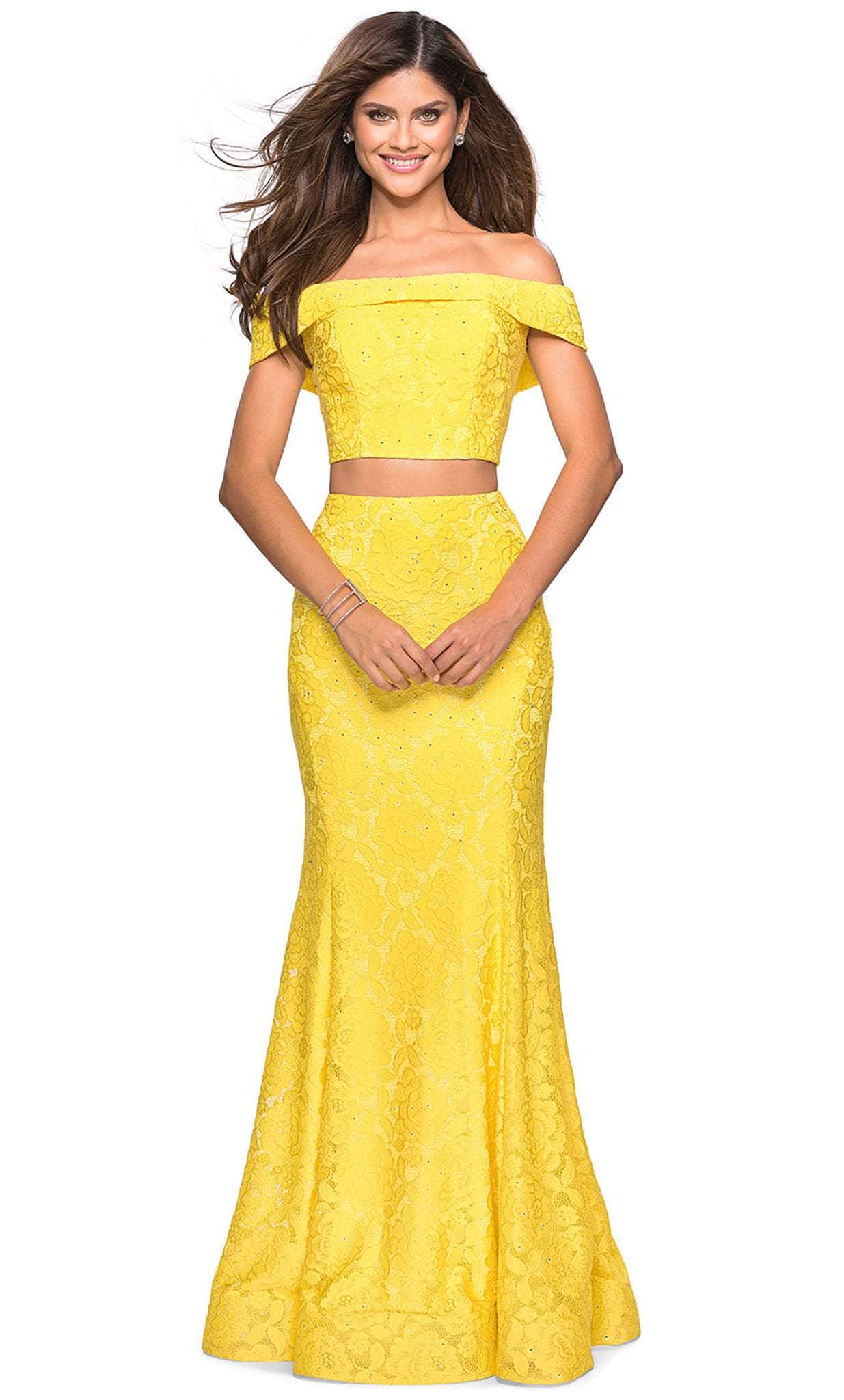 La Femme - 27443 Two-Piece Allover Lace Off Shoulder Mermaid Gown Formal Gowns 00 / Yellow