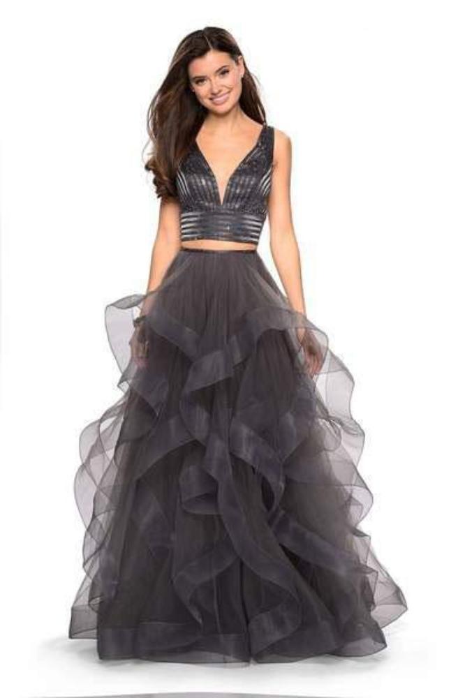 La Femme - 27445 Two-Piece Plunging Beaded Bodice Tiered Gown Special Occasion Dress 00 / Charcoal