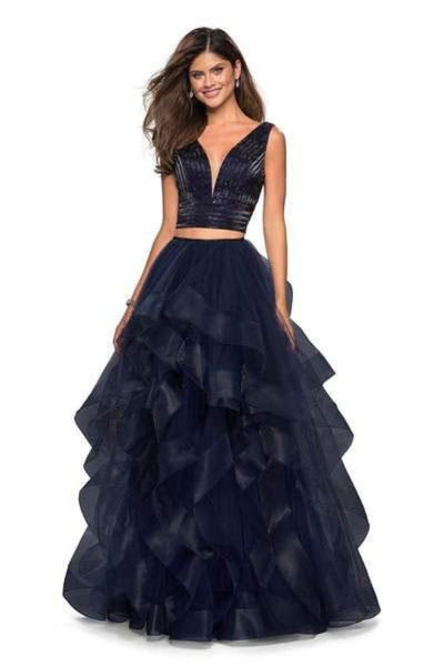 La Femme - 27445 Two-Piece Plunging Beaded Bodice Tiered Gown Special Occasion Dress 00 / Navy