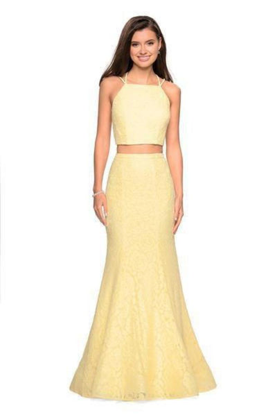 La Femme - 27452 Strappy Two Piece Halter Trumpet Gown Evening Dresses 00 / Pale Yellow