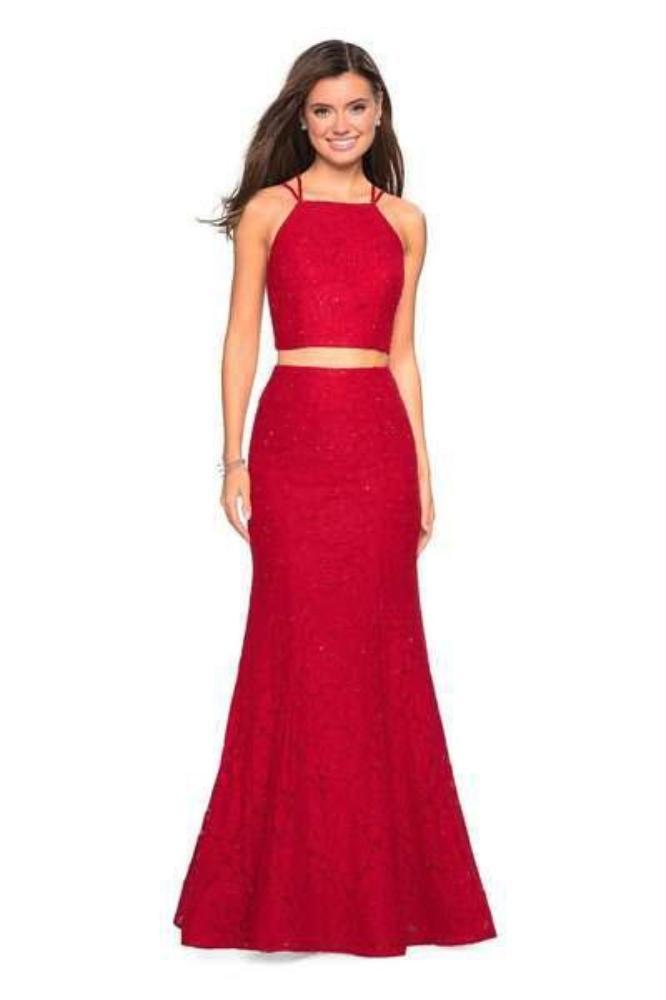 La Femme - 27452 Strappy Two Piece Halter Trumpet Gown Evening Dresses 00 / Red