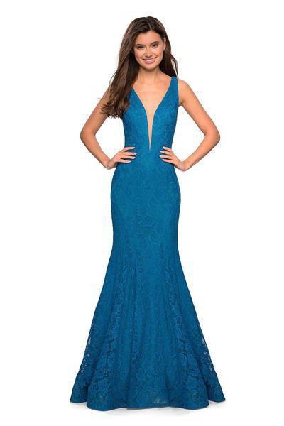 La Femme - 27464 Deep V-neck Stretch Lace Trumpet Dress Special Occasion Dress