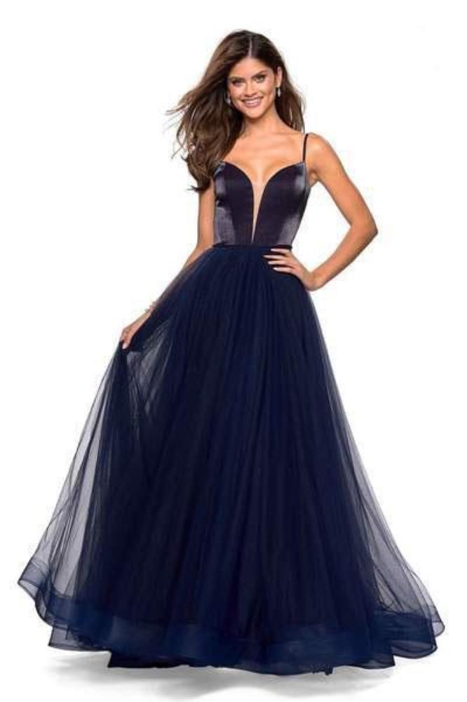 La Femme - 27485 Two Tone Deep V-neck Satin Tulle A-line Dress Special Occasion Dress 00 / Navy
