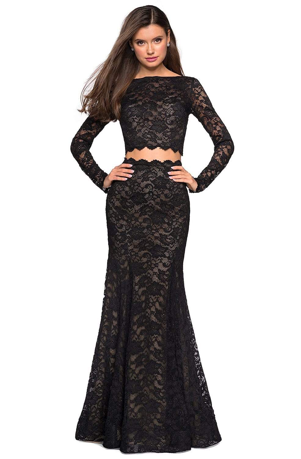 La Femme - 27601 Two-Piece Allover Lace Long Sleeve Evening Gown Evening Dresses 00 / Black