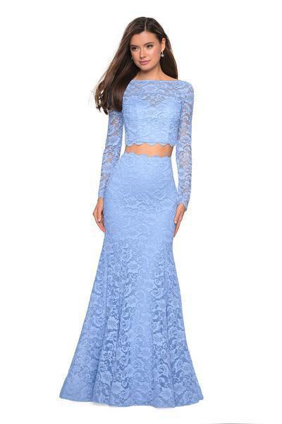 La Femme - 27601 Two-Piece Allover Lace Long Sleeve Evening Gown Evening Dresses 00 / Cloud Blue