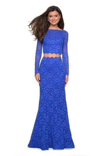 La Femme - 27601 Two-Piece Allover Lace Long Sleeve Evening Gown Evening Dresses 00 / Electric Blue