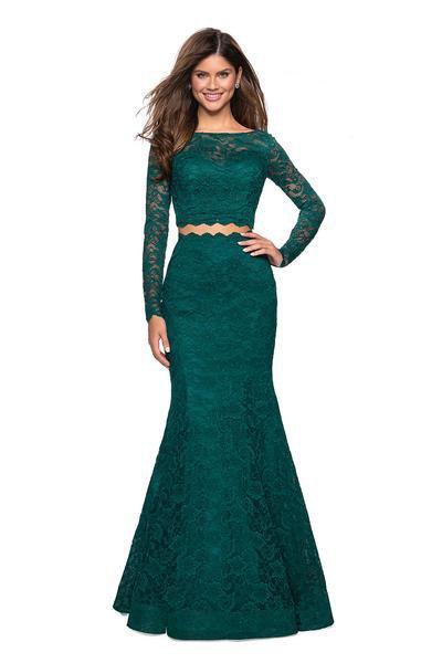 La Femme - 27601 Two-Piece Allover Lace Long Sleeve Evening Gown Evening Dresses 00 / Forest Green